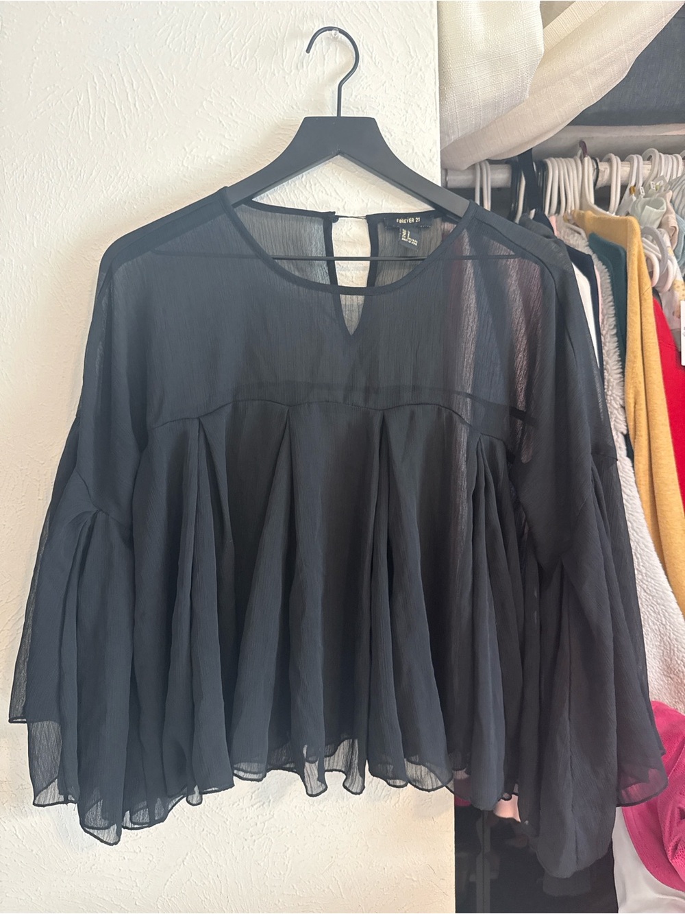 Sheer Black Long-Sleeve  Blouse - Unbranded